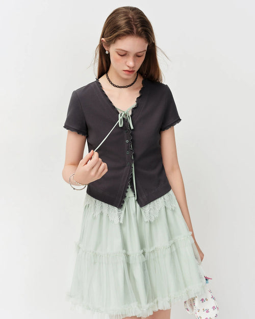 Cotton Bow-Tie Lace Mock Two-Piece Knit Top