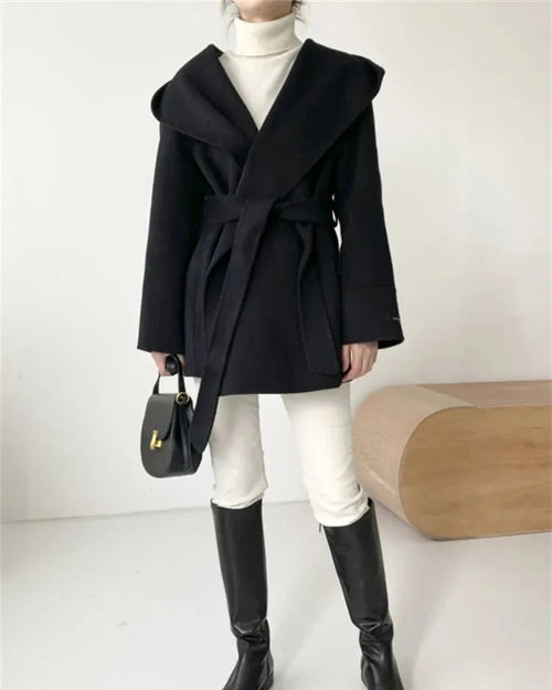 Hooded Wool Blend Wrap Coat