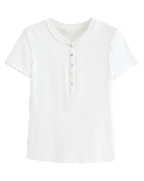 Cotton Lyocell Button-Trim Fitted Tee