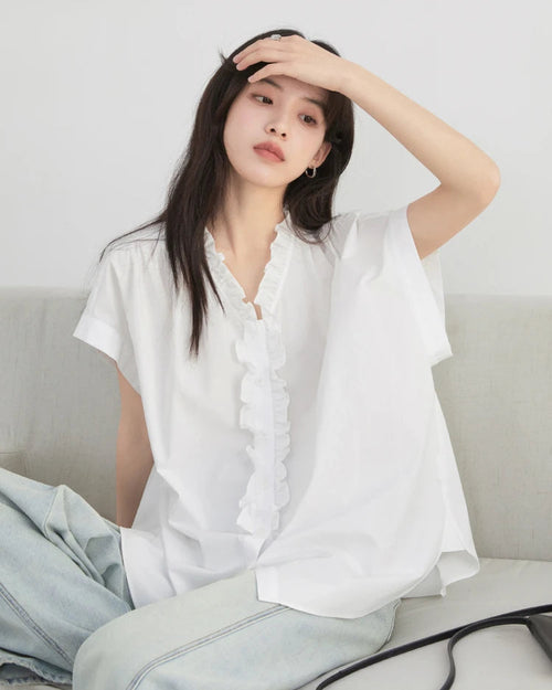 Loose V-Neck Ruffled Pure Cotton Shirt