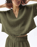 Loose-Fit V-Neck Cotton Gauze T-Shirt