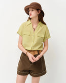 Loose V-Neck Rolled-Up Sleeve Shirt
