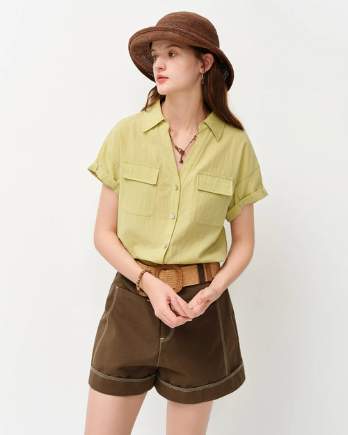 Loose V-Neck Rolled-Up Sleeve Shirt