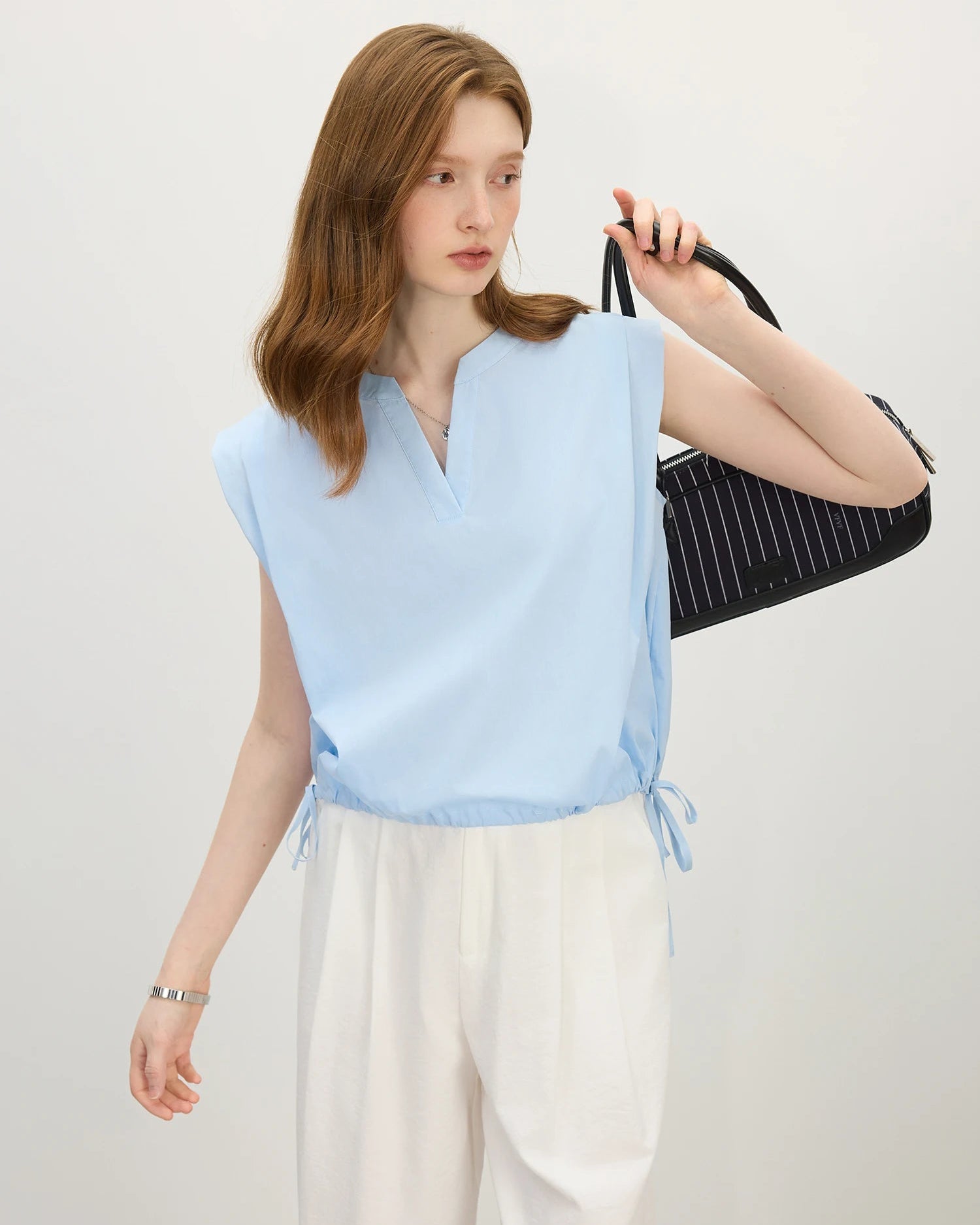 Straight Shoulder V-Neck Sleeveless Blouse