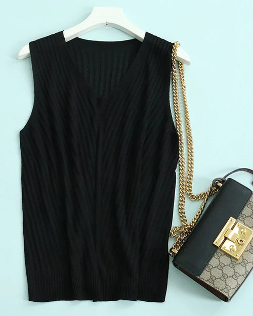 Silk-Lyocell V-Neck Knit Sleeveless Tank Top