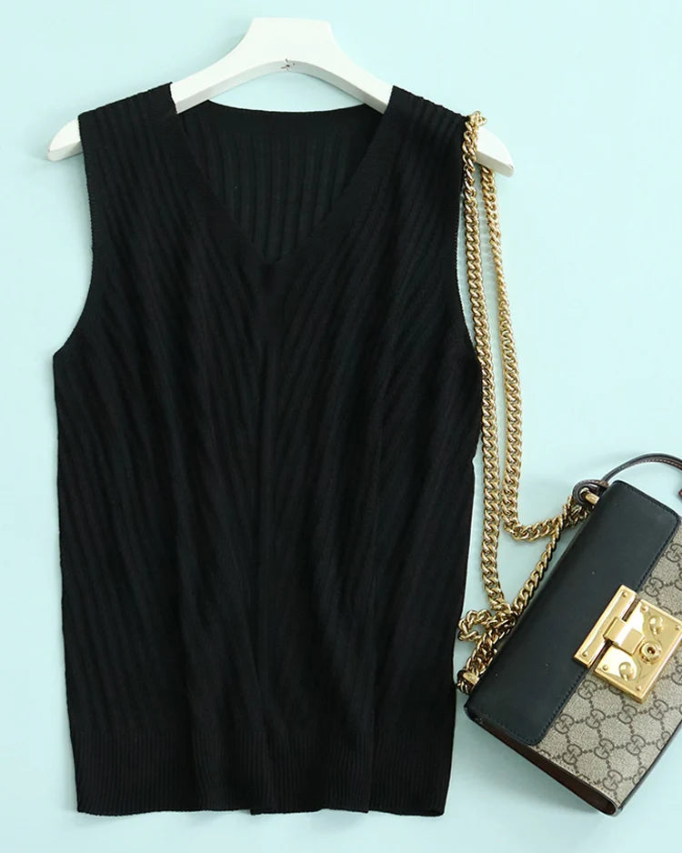 Silk-Lyocell V-Neck Knit Sleeveless Tank Top