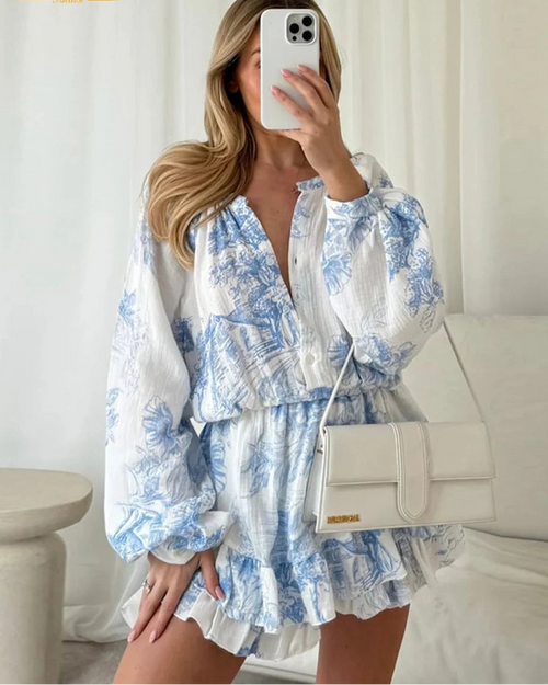 Print Long-Sleeve High-Waist Mini Dress