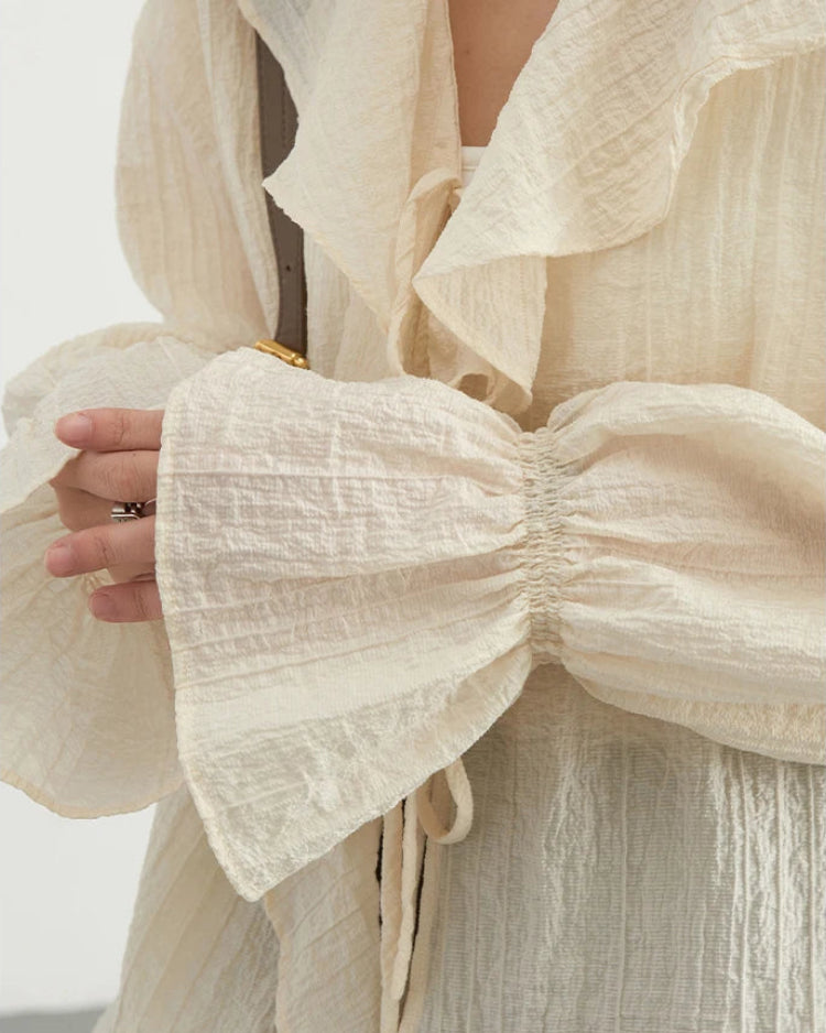 Ruffled V-Neck Loose Lyocell Casual Blouse