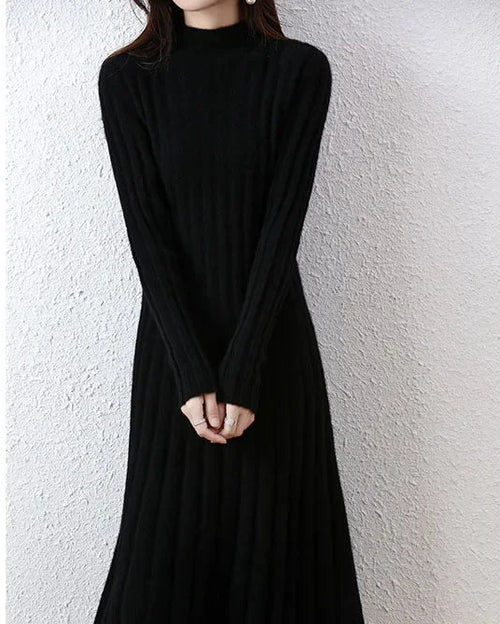 Ribbed Knitted 100% Wool Sweater Dress