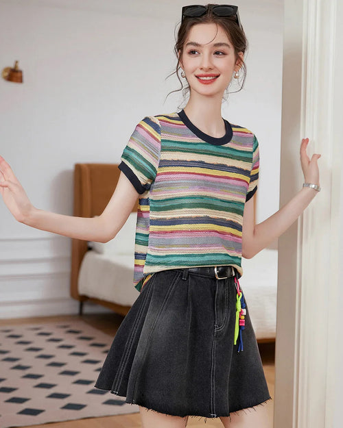 Round Neck Colorful Striped Knit T-Shirt