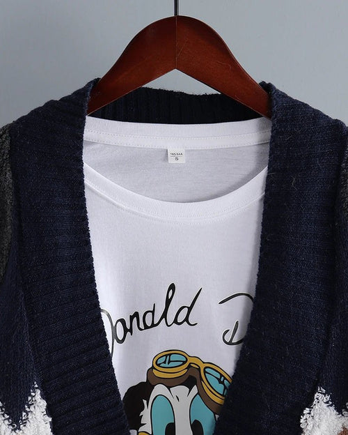 Fleece Patchwork Vintage V-Neck Short Cardigan