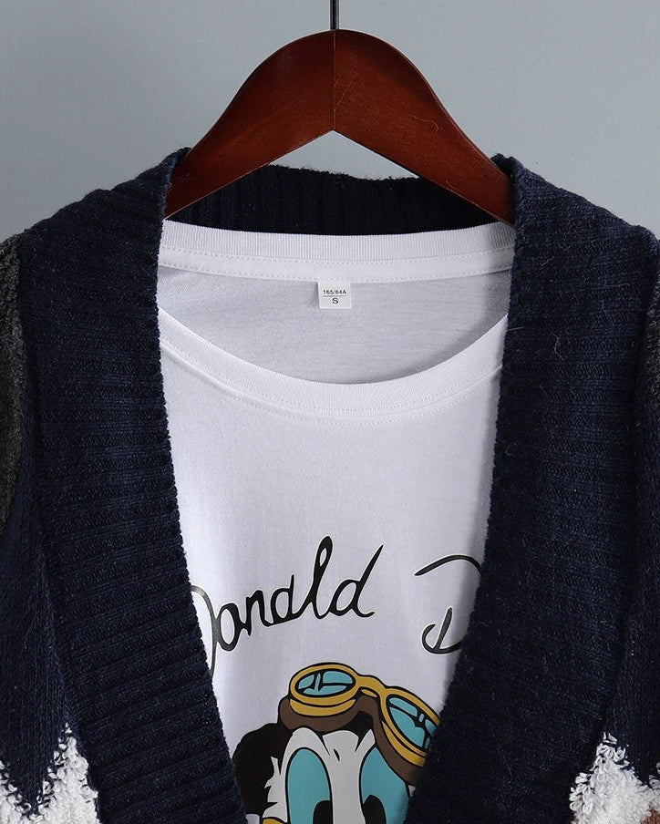 Fleece Patchwork Vintage V-Neck Short Cardigan