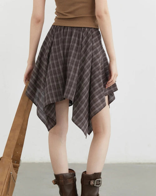 Plaid Asymmetric A-Line Cotton Midi Skirt