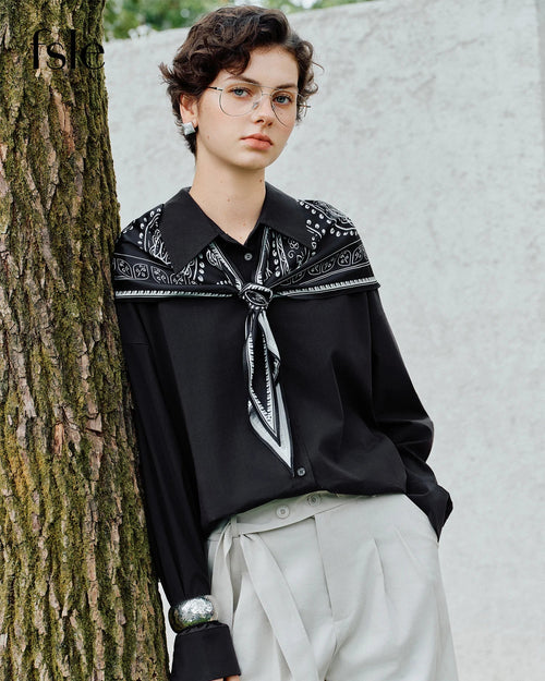 Long-Sleeve Stand-Collar Shirt With Silk Scarf