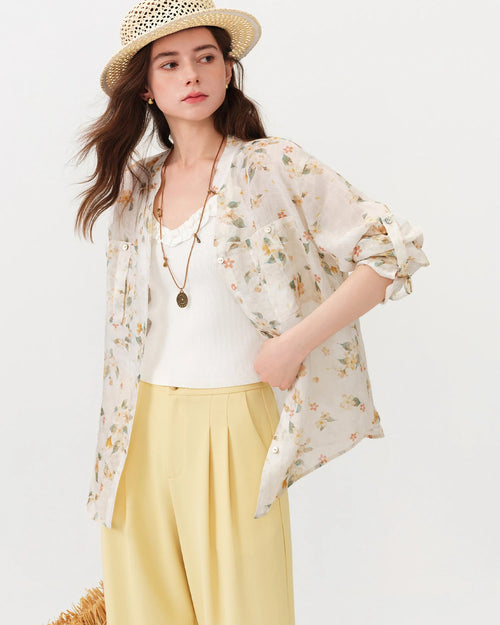 Long Sleeve Floral Print V-Neck Shirt