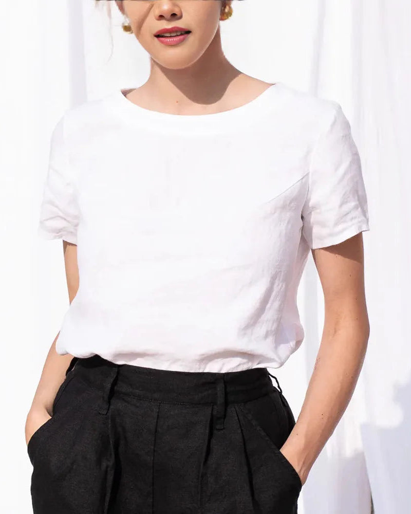 Loose-Fit Round-Neck Cotton-Linen T-Shirt
