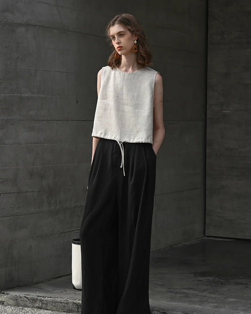 Linen Drawstring Crew Neck Cropped Vest