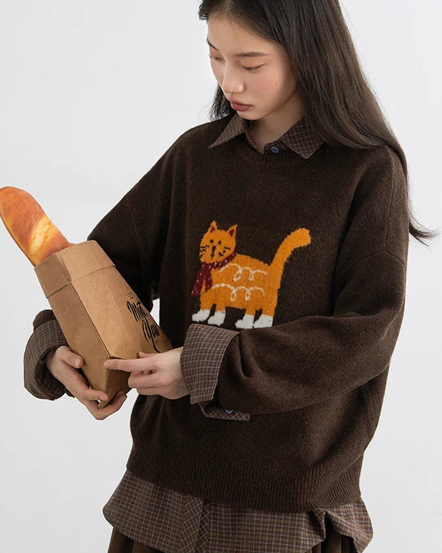 Cartoon Cat Appliqué Knit Sweater