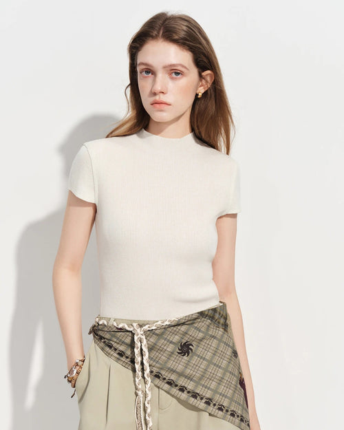 Semi-High Neck Short-Sleeve Knit Sweater
