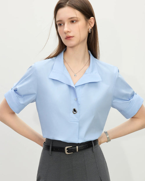 Collared Cotton Blend Short-Sleeved Shirt