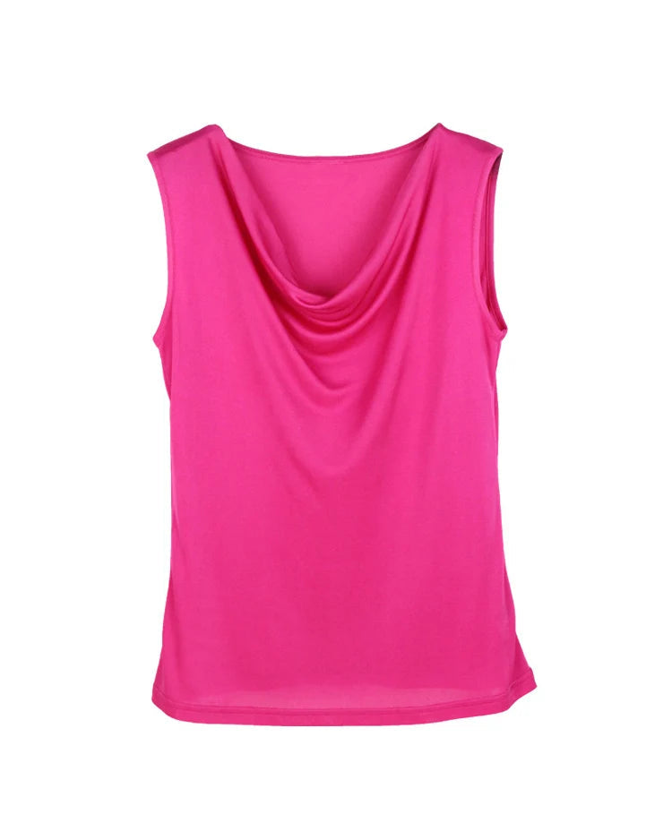 Silk-Viscose Draped Collar Sleeveless Tank Top