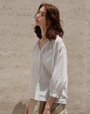 Ramie Lyocell V-Neck Drawstring Blouse