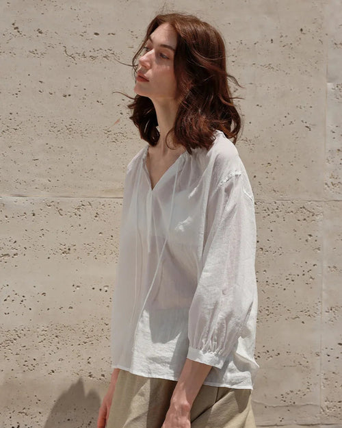 Ramie Lyocell V-Neck Drawstring Blouse
