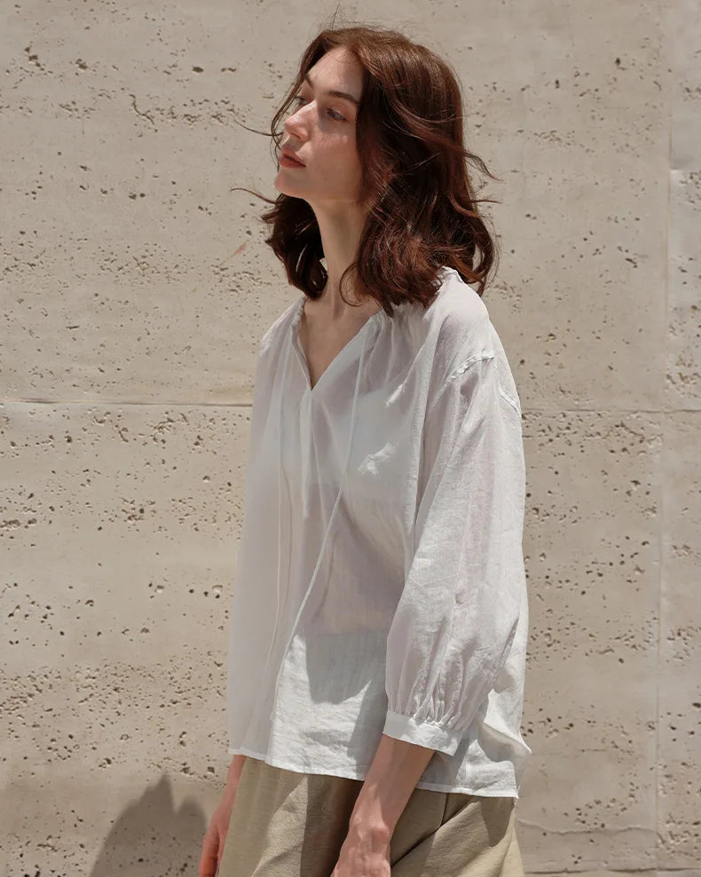 Ramie Lyocell V-Neck Drawstring Blouse