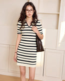 Women's white short striped polo collar knit dress, featuring soft cotton blend and empire waist fit-and-flare silhouette for effortless spring collegiate charm or weekend outings.