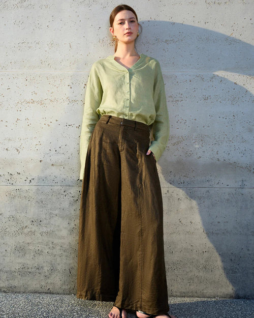 Ramie V-Neck Button-Down Shirt