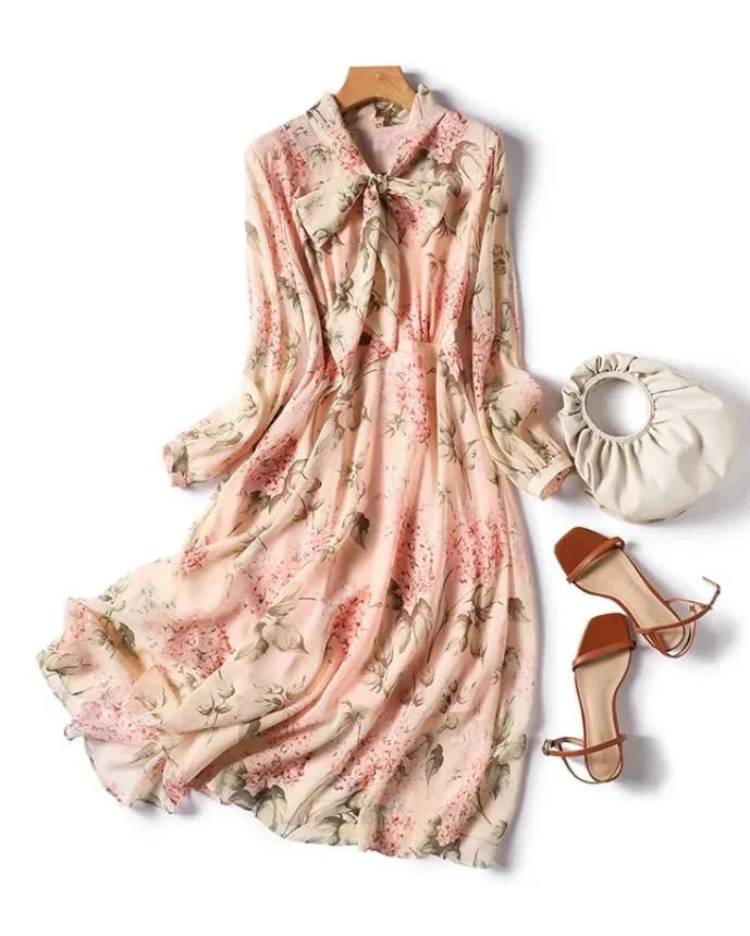 Floral Print Chiffon Bow Neck Long Sleeve Dress