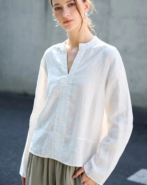 Loose-Fit Linen V-Neck Long-Sleeve Shirt