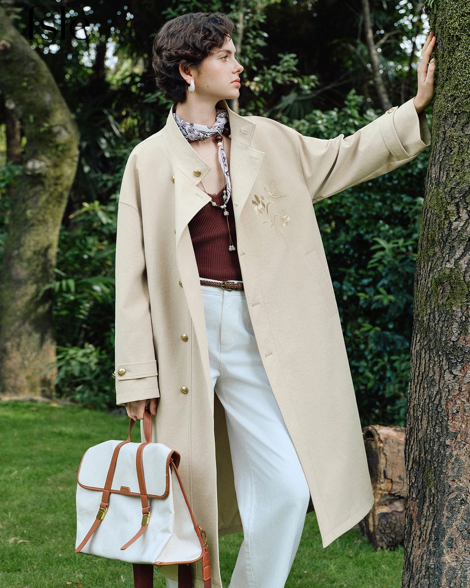 Embroidered Stand-Collar Long Trench Coat