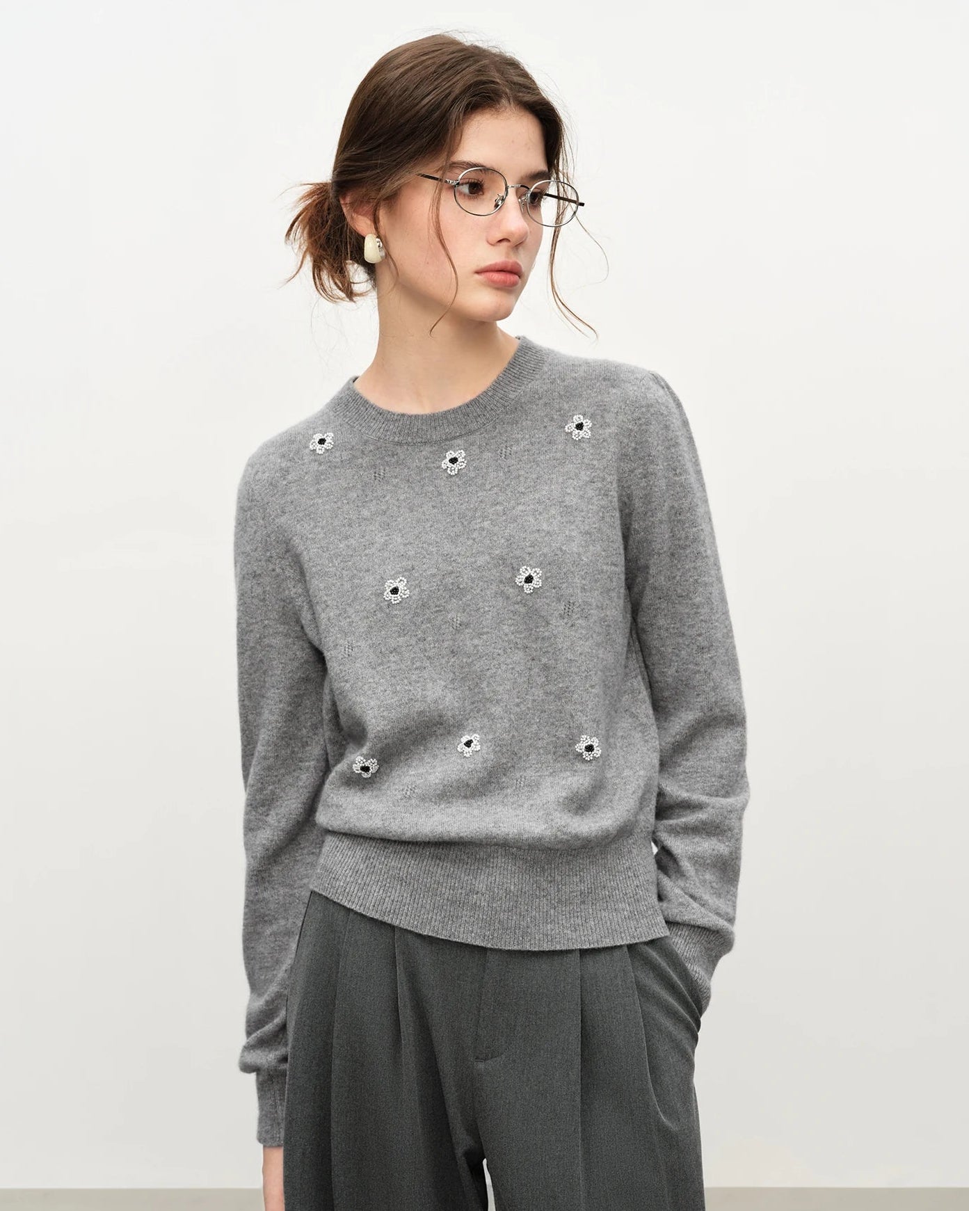 Beaded Floral Knit Pullover Sweater
