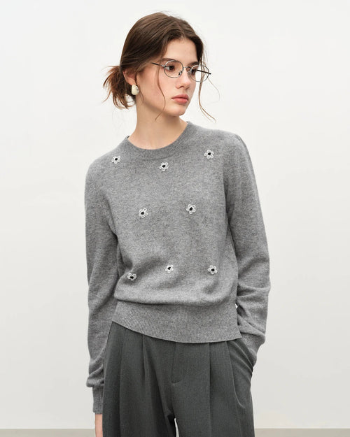 Beaded Floral Knit Pullover Sweater