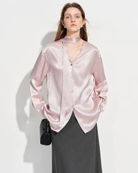 Elegant V-Neck Satin Long-Sleeve Shirt