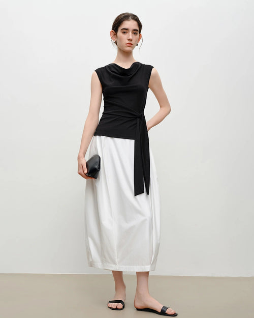 Pleated V-Neck Sleeveless Knit T-Shirt