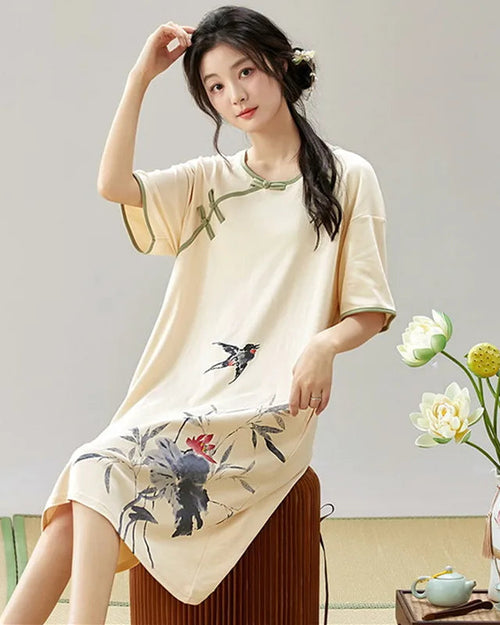 Vintage Print Short Sleeve Cotton Sleep Dress