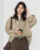 Plaid Embroidered Square-Neck Loose Shirt