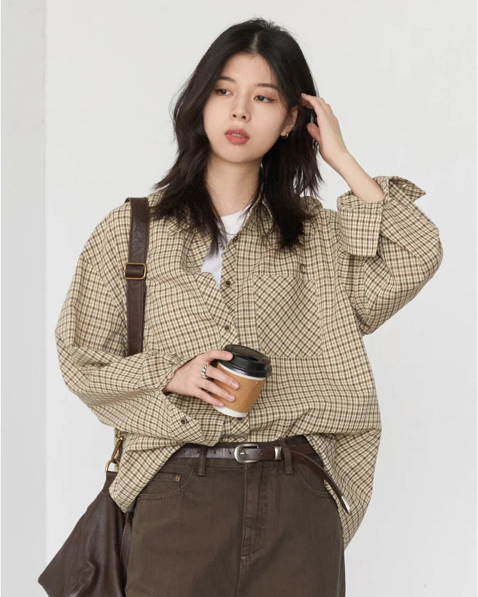 Plaid Embroidered Square-Neck Loose Shirt
