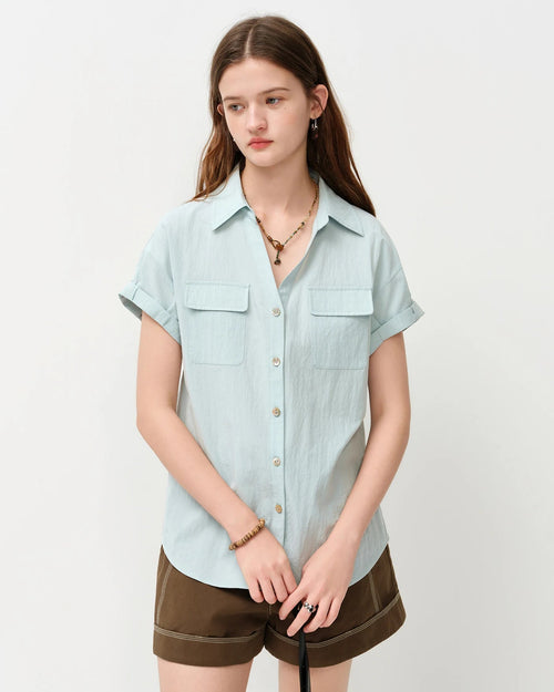 Loose V-Neck Rolled-Up Sleeve Shirt