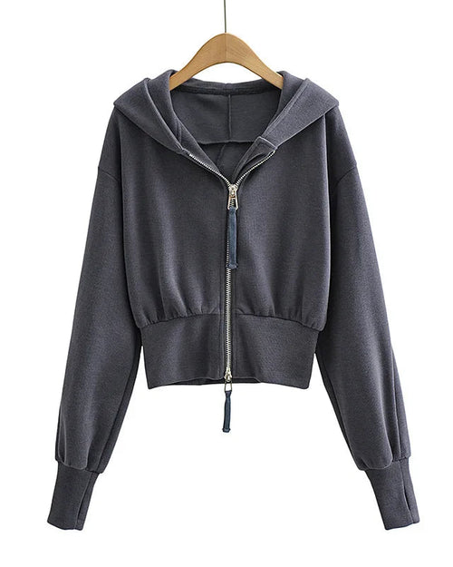 Women's Double-zip cropped hoodie jacket crafted from heavyweight cotton-blend knit, featuring a slim fit silhouette and double zipper closure that delivers poised street-ready style for air-conditioned studios or city streets.