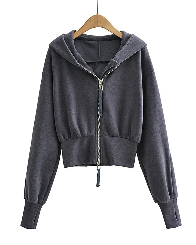 Women's Double-zip cropped hoodie jacket crafted from heavyweight cotton-blend knit, featuring a slim fit silhouette and double zipper closure that delivers poised street-ready style for air-conditioned studios or city streets.