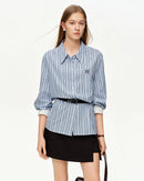 Lace Trim Jacquard Stripe Tie-Waist Blouse
