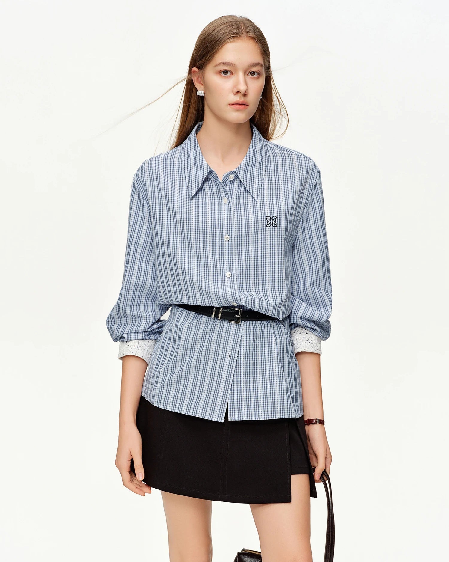 Lace Trim Jacquard Stripe Tie-Waist Blouse