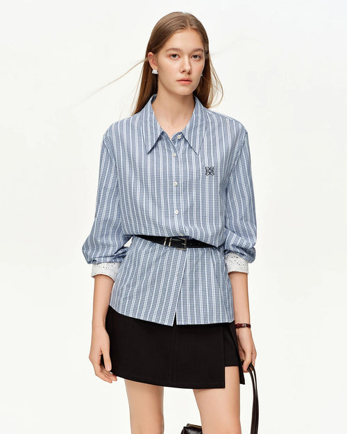 Lace Trim Jacquard Stripe Tie-Waist Blouse