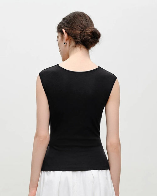 Pleated V-Neck Sleeveless Knit T-Shirt