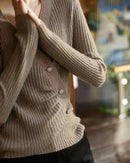 Designers' V-neck Wool Sweater with Asymmetrical Buttons