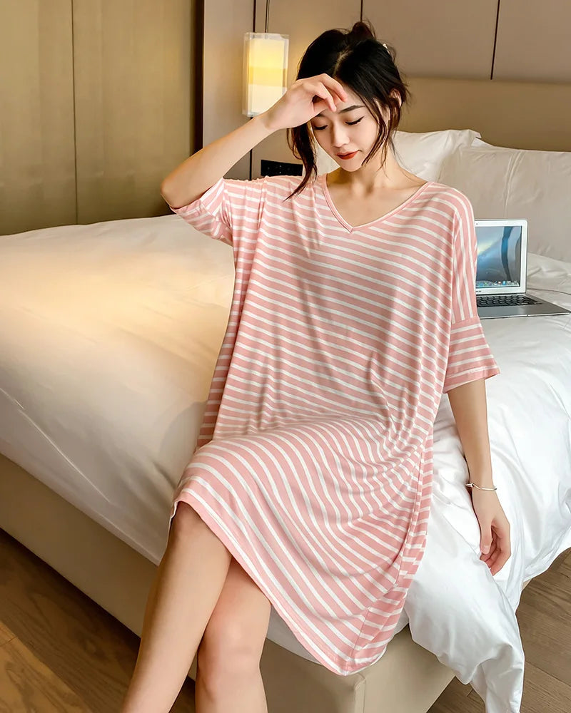 Modal Stripe Short Sleeve V-Neck Sleep Dress