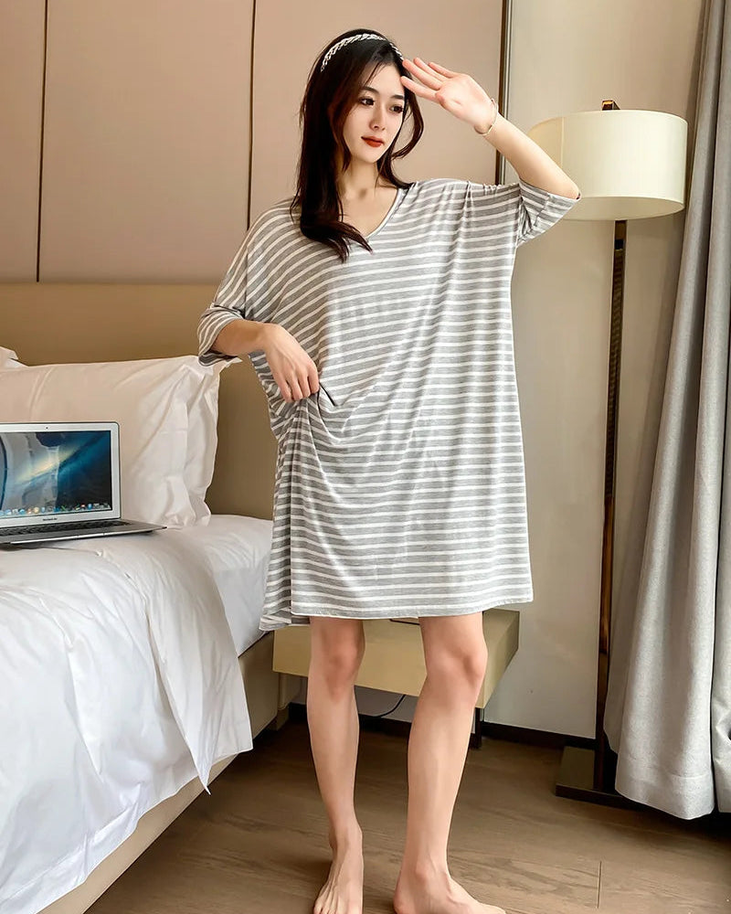 Modal Stripe Short Sleeve V-Neck Sleep Dress